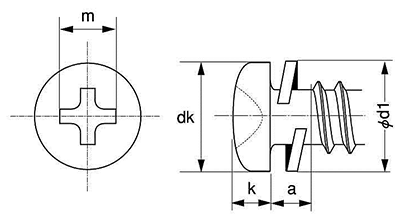 鉄(+)ナベ頭 タッピンねじ(2種溝付きB-1形) P＝2 (バネ座組込) 製品図面
