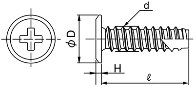 鉄(+)スリムヘッドタッピンねじ(2種溝付 B-1形) (極低頭タイプ) 製品図面