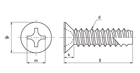 ステンレス(+)皿頭 小頭(頭径D＝7) タッピンねじ(2種溝付きB-1形) 製品図面