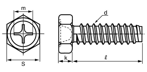 ステンレス(+)六角アプセット頭 タッピンねじ(2種溝なし B-0形) 製品図面