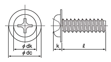 ステンレス(+)ナベ頭 ワッシャーヘッドタッピンねじ(2種溝なし B-0形) 製品図面