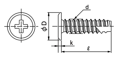 ステンレス(+)スリムヘッドタッピンねじ(2種溝付 B-1形) (極低頭タイプ) 製品図面