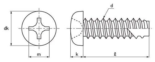 ステンレス SUS316L(A4)(+)ナベ頭 タッピンねじ(2種溝付き B-1形) 製品図面