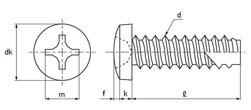 ステンレス SUS316L(A4)(+)バインド頭 タッピンねじ(2種溝付き B-1形) 製品図面