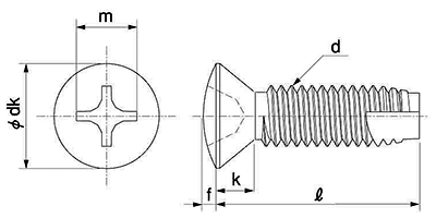鉄(+)丸皿頭 小頭タッピンねじ(3種溝付き C-1形) 製品図面