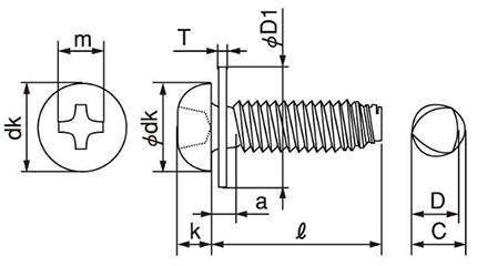鉄 サンコータイト(+)Sタイプ ナベ頭 PK＝1(JIS小形 平座 組込) 製品図面