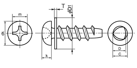 鉄 サンコータイト(+)Pタイプ ナベ頭 P＝1(JIS平座 組込)(樹脂用ねじ) 製品図面