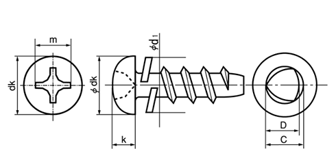 鉄 サンコータイト(+)Pタイプ ナベ頭 P＝2 (バネ座組込)(樹脂用ねじ) 製品図面