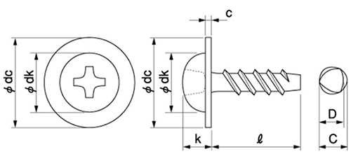 ステンレス SUSXM7 サンコータイト(+)Pタイプ ナベワッシャーヘッド頭 (樹脂用ねじ) 製品図面