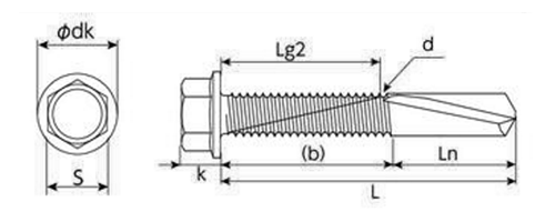 鉄 ドリルスクリューHEXL-P(六角頭)(厚鋼用)(パック入)(サンコーテクノ) 製品図面