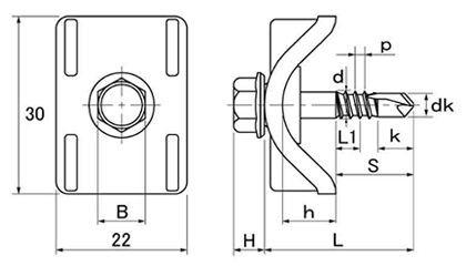 鉄 ジャックポイント プラザHEX25 (ストッパー付)(ポリカ波板用)(ヤマヒロ品) 製品図面