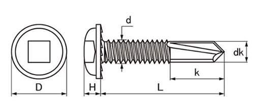 鉄 エースポイント ロング(パンワッシャー頭)(四角ビット)(H鋼、厚鉄板用) 製品図面