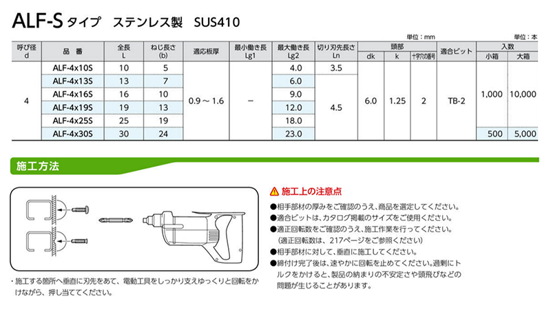 ステンレス SUS410 ドリルスクリューALF-S(皿頭 小頭(D＝6)(細目)(サンコーテクノ) アルミ専用 製品規格