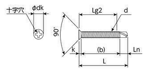 ステンレス SUS410 ドリルスクリューALF-S(皿頭 小頭(D＝6)(細目)(サンコーテクノ) アルミ専用 製品図面