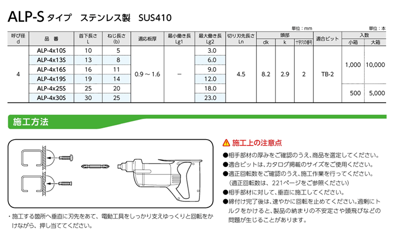 ステンレス SUS410 ドリルスクリューALP-S PAN (なべ頭)(細目)(サンコーテクノ) 製品規格