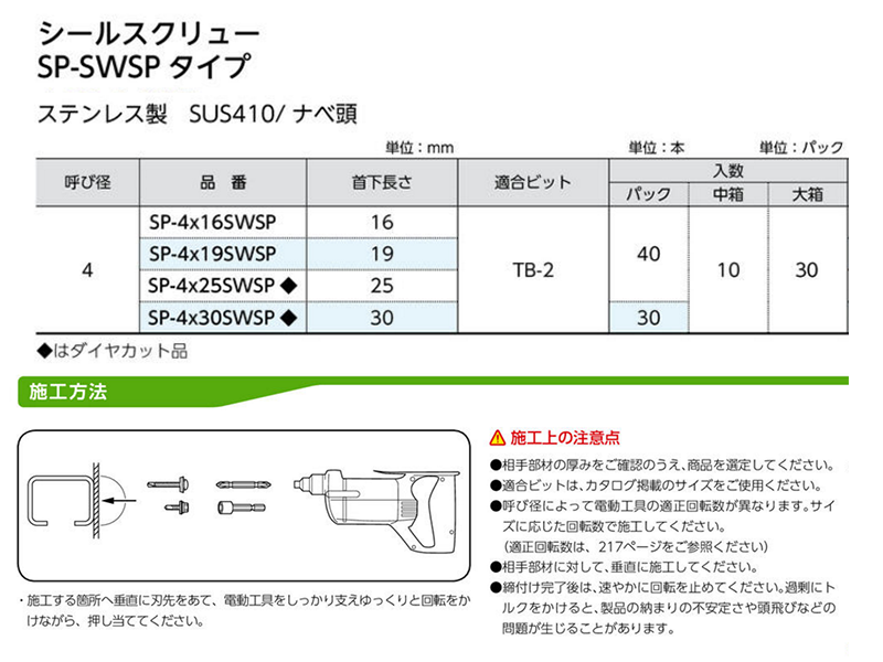 ステンレス SUS410 シールスクリュ(SP-SWSP)(なべ頭)(SUSドリル+SUS座金+防水パッキン)(パック入) 製品規格