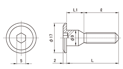 鉄 ジョイントコネクターボルトAタイプ JCB-A (六角穴スパナ径5mm)(頭径D＝17) 製品図面