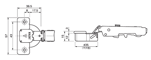 ムラコシ精工 簡単ワンタッチ並行着脱式スライドヒンジ(MFA105°) 製品図面