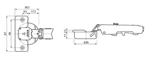 ムラコシ精工 開き戸ダンパー(グリッサンド2)専用スライドヒンジ(MWA105°) 製品図面