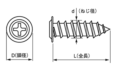 鉄 ノンウエルダーTW (薄頭シンワッシャー/ トガリ先ワンタッチタイプ) (無溶接ビス) 製品図面