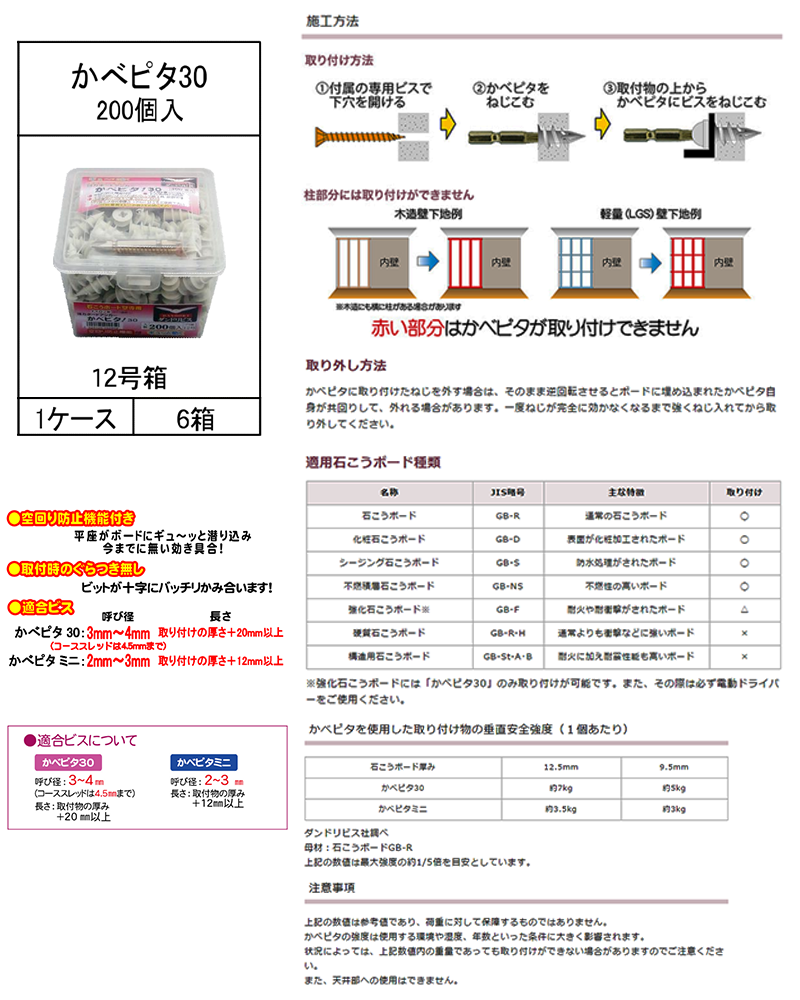 かべピタ30 (12号プラBOX)(ダンドリビス品) 製品規格