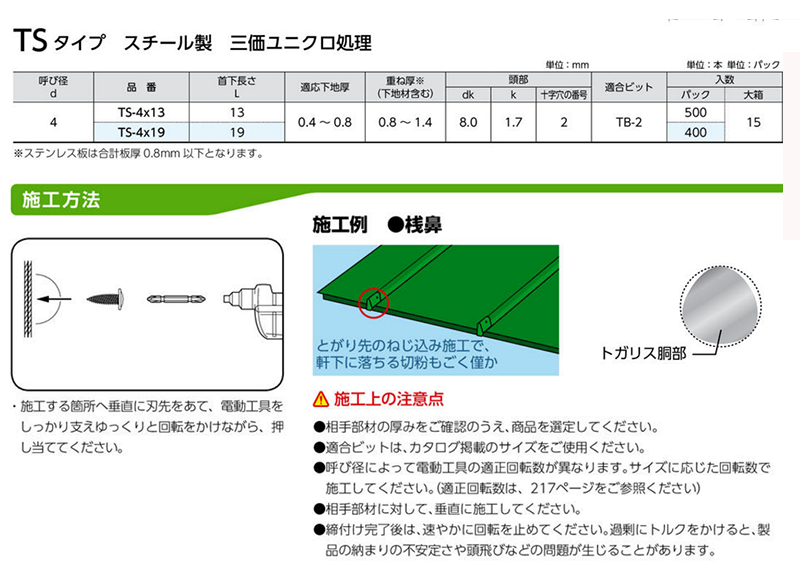 鉄 トガリス(シンワッシャー頭)(トガリ先)(薄鋼板専用) 製品規格