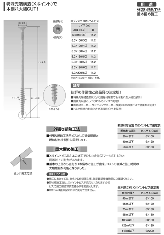 鉄 Xポイントビス (スクエア/四角穴付)(外張り断熱、垂木留め)(若井産業) 製品規格