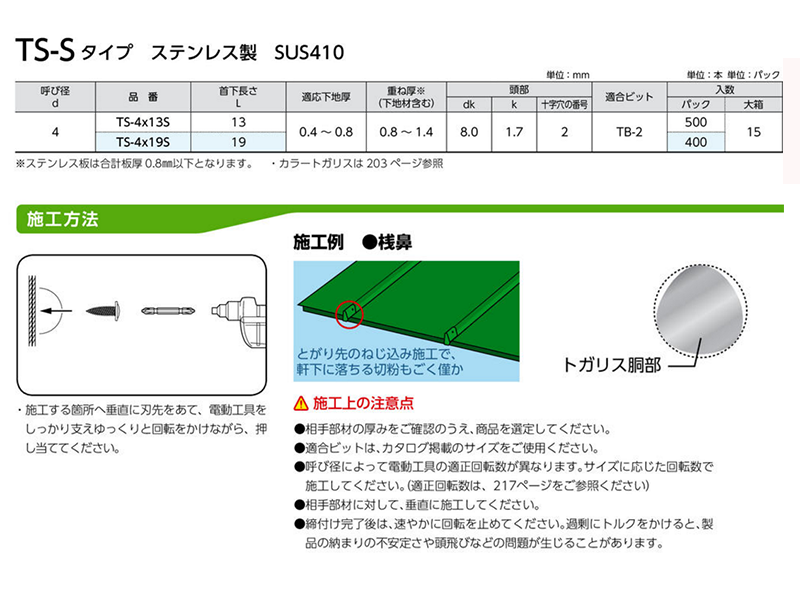 ステンレス SUS410 トガリス(シンワッシャー頭)(薄鋼板専用) 製品規格