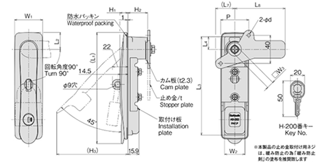 ホシモト 亜鉛合金 二重ロック防水平面スイングハンドル (AB-252-●-1W)(サチライト・クロムメッキ品) 製品図面
