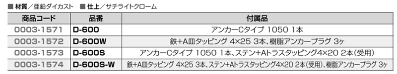 クマモト 棒型戸当(フック付・ビス止め)(亜鉛ダイカスト/サチライトクローム) D-600S 製品規格