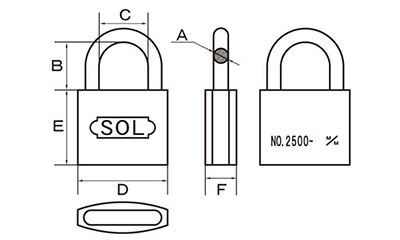 SOL HARD シリンダー南京錠 No.2500 真鍮製 (カギ違い) 製品図面