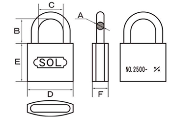 SOL HARD シリンダー南京錠 No.2500 真鍮製 ビスター包装 (カギ違い) 製品図面