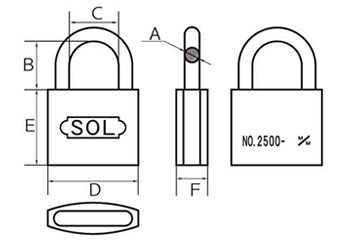 SOL HARD シリンダー南京錠 No.2500 ステンロック (本体：真鍮製)(カギ違い) 製品図面