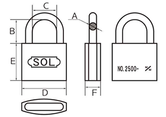 SOL HARD シリンダー南京錠 No.2500 ステンロック ビスター包装 (本体：真鍮製)(カギ違い) 製品図面