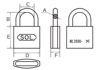 SOL HARD シリンダー南京錠 No.2500 ステンロック (本体：真鍮製)(同一鍵定番) 製品図面