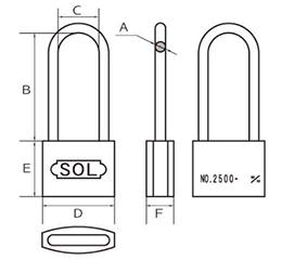 SOL HARD シリンダー南京錠 No.2500 ステンロック ツル長 (本体：真鍮製)(カギ違い) 製品図面