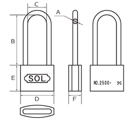 SOL HARD シリンダー南京錠 No.2500 ステンロック ツル長 (本体：真鍮製)(同一鍵定番) 製品図面