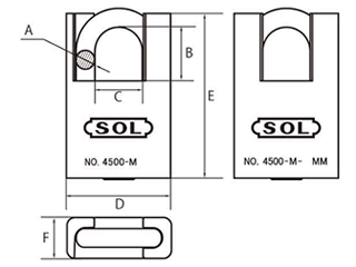 SOL HARD フード付きシリンダー南京錠 No.4500 セーフティロック 真鍮製 (カギ違い) 製品図面