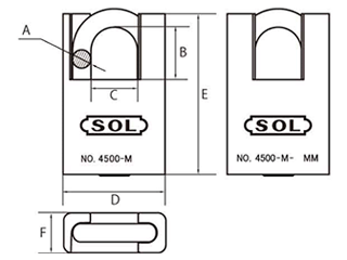 SOL HARD フード付きシリンダー南京錠 No.4500 セーフティロック 真鍮製 (同一鍵定番) 製品図面