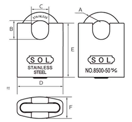 SOL HARD フード付きシリンダー南京錠 No.8500 パーフェクトロック ステンレス製 (カギ違い) 製品図面