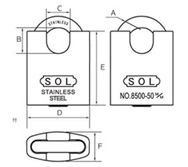 SOL HARD フード付きシリンダー南京錠 No.8500 パーフェクトロック ステンレス製 (同一鍵定番) 製品図面