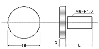 黄銅 装飾平小ねじ M6-φ16 (ローレット付/低頭タイプ) 製品図面