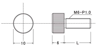 黄銅 装飾平小ねじ 頭部径φ10-M6 (ローレット付) 製品図面