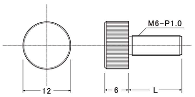 黄銅 装飾平小ねじ 頭部径φ12-M6 (ローレット付) 製品図面