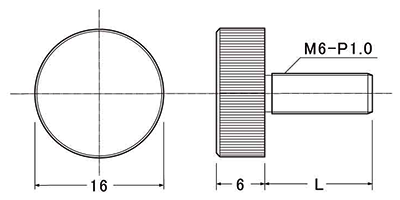 黄銅 装飾平小ねじ 頭部径φ16-M6 (ローレット付) 製品図面