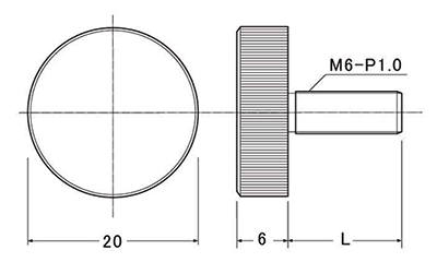 黄銅 装飾平小ねじ 頭部径φ20-M6 (ローレット付) 製品図面