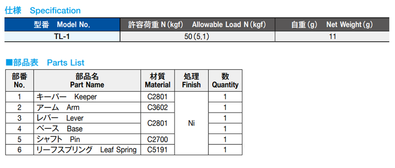 栃木屋 セミ型蓋止(中) TL-1 製品規格