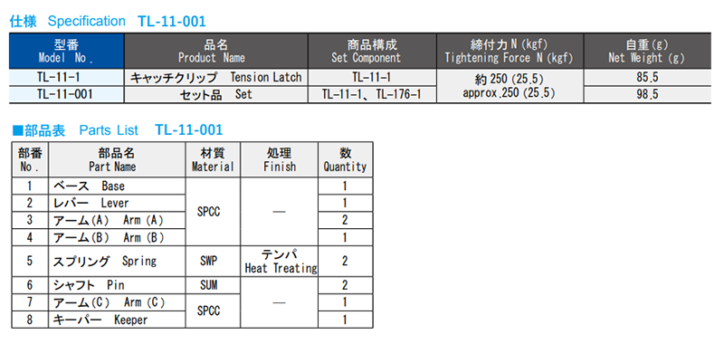 栃木屋 キャッチクリップ TL-11-1 製品規格