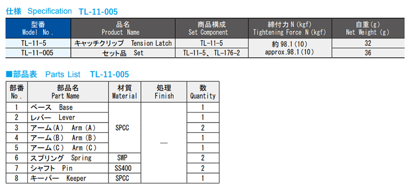 栃木屋 キャッチクリップ TL-11-5 製品規格