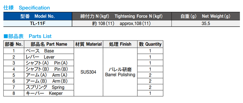栃木屋 ステンレス キャッチクリップ(小) TL-11F 製品規格
